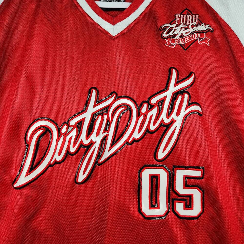 Vintage FUBU Dirty Dirty Mens XL Red White City Series Jersey 05 Y2K Rap Hip Hop